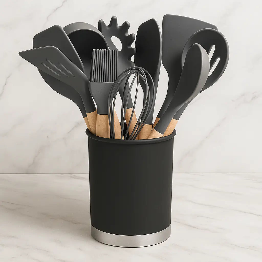 Kit Utensílios de Silicone Cinza para Cozinha 12 Peças Marrausi