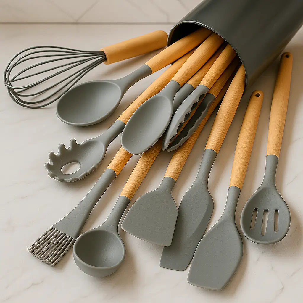 Kit Utensílios de Silicone Cinza para Cozinha 12 Peças Marrausi