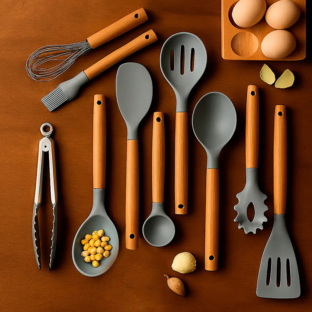Kit Utensílios de Silicone Cinza para Cozinha 12 Peças Marrausi