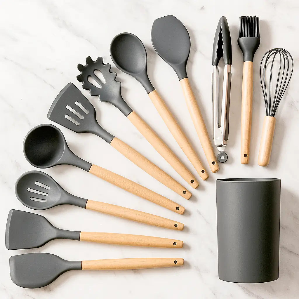 Kit Utensílios de Silicone Cinza para Cozinha 12 Peças Marrausi