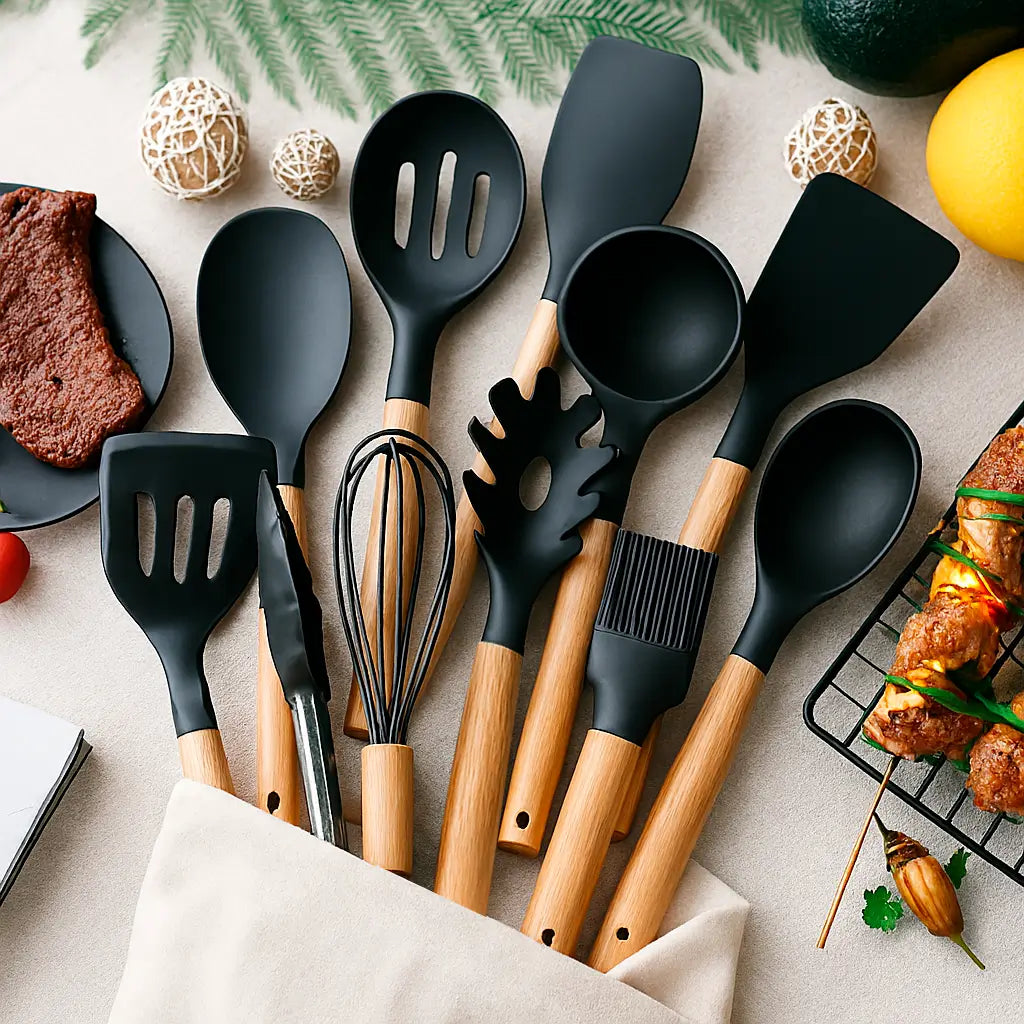Kit Utensílios de Silicone Preto para Cozinha 12 Peças Marrausi