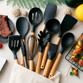 Kit Utensílios de Silicone Preto para Cozinha 12 Peças Marrausi