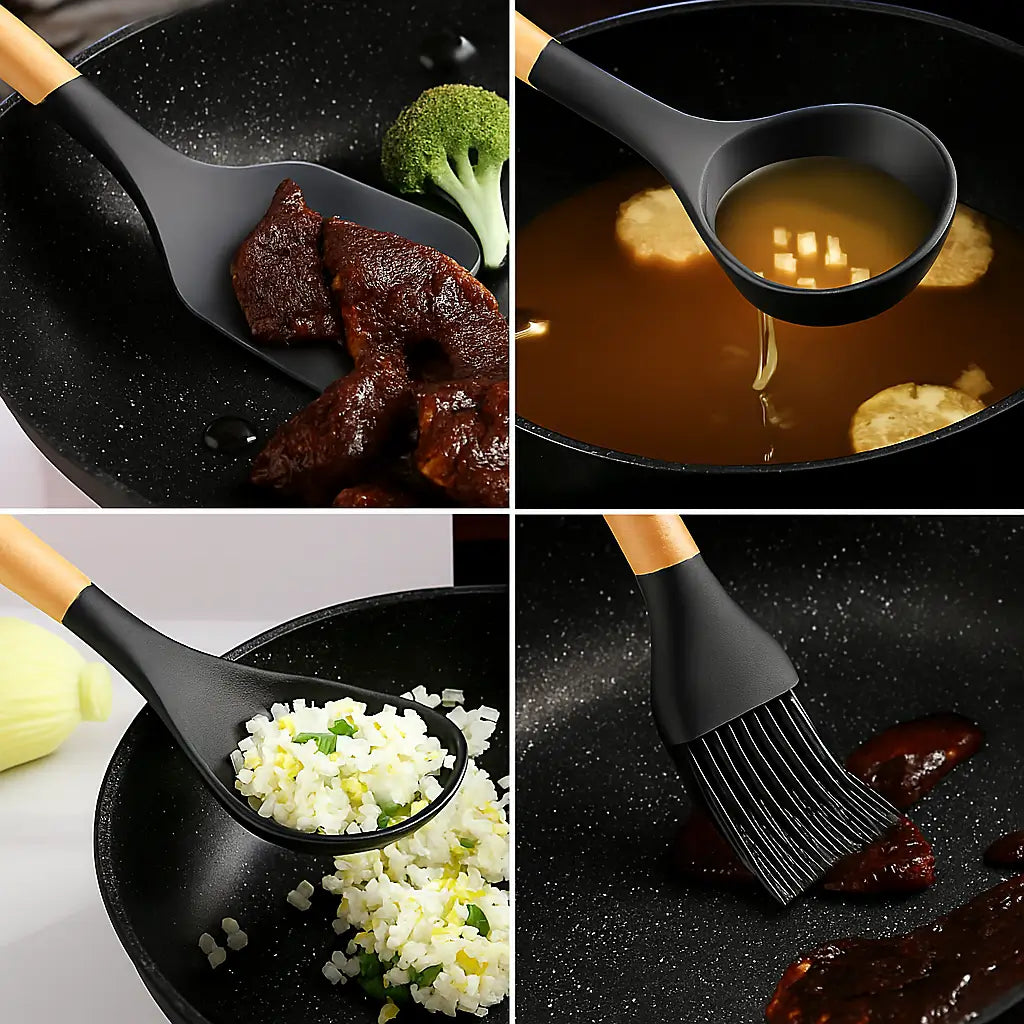 Kit Utensílios de Silicone Preto para Cozinha 12 Peças Marrausi