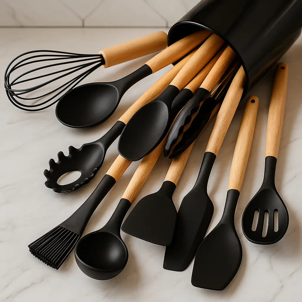Kit Utensílios de Silicone Preto para Cozinha 12 Peças Marrausi
