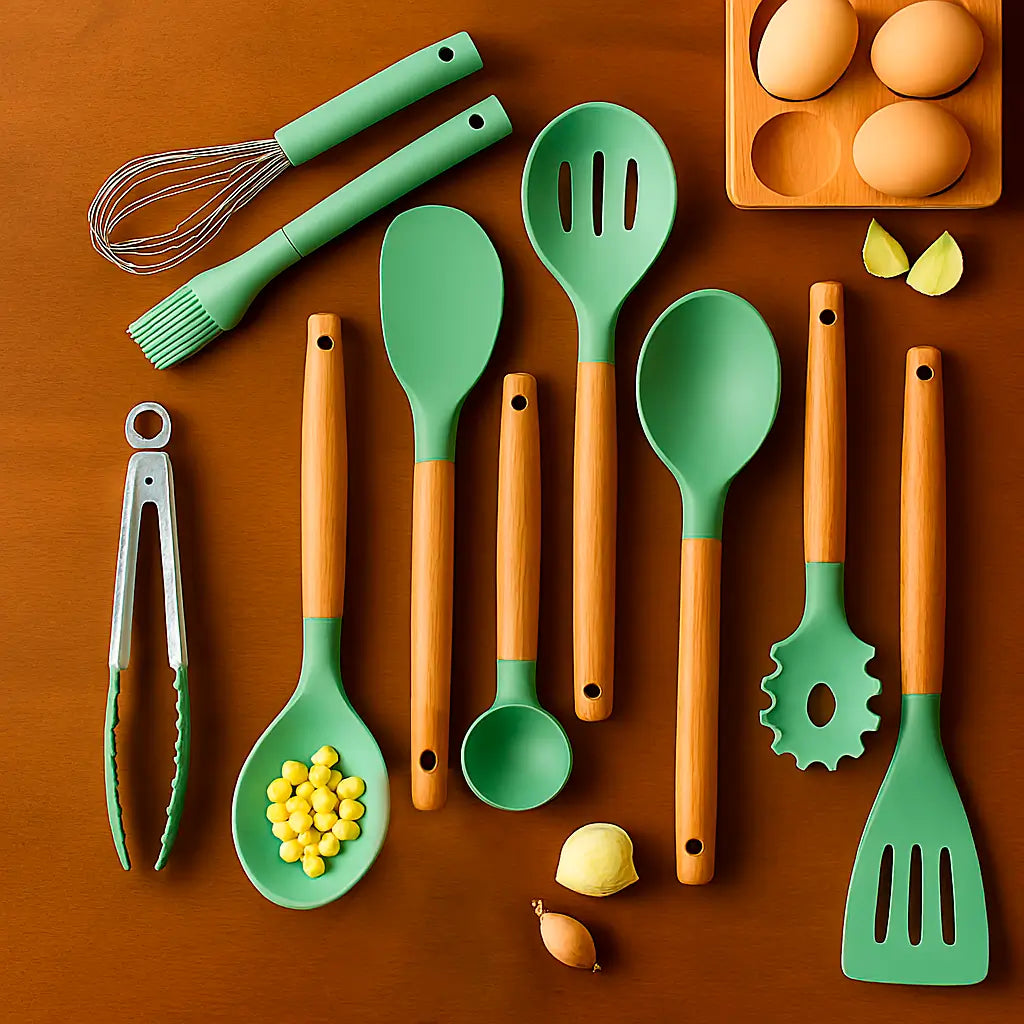 Kit Utensílios de Silicone Verde para Cozinha 12 Peças Marrausi