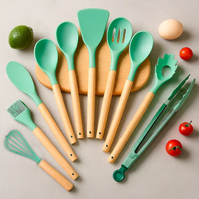 Kit Utensílios de Silicone Verde para Cozinha 12 Peças Marrausi