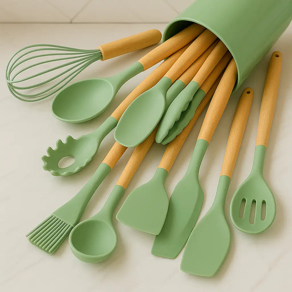 Kit Utensílios de Silicone Verde para Cozinha 12 Peças Marrausi