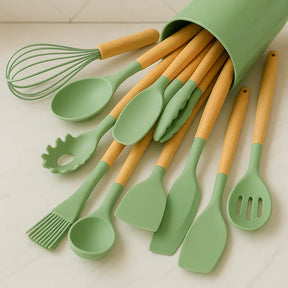Kit Utensílios de Silicone Verde para Cozinha 12 Peças Marrausi