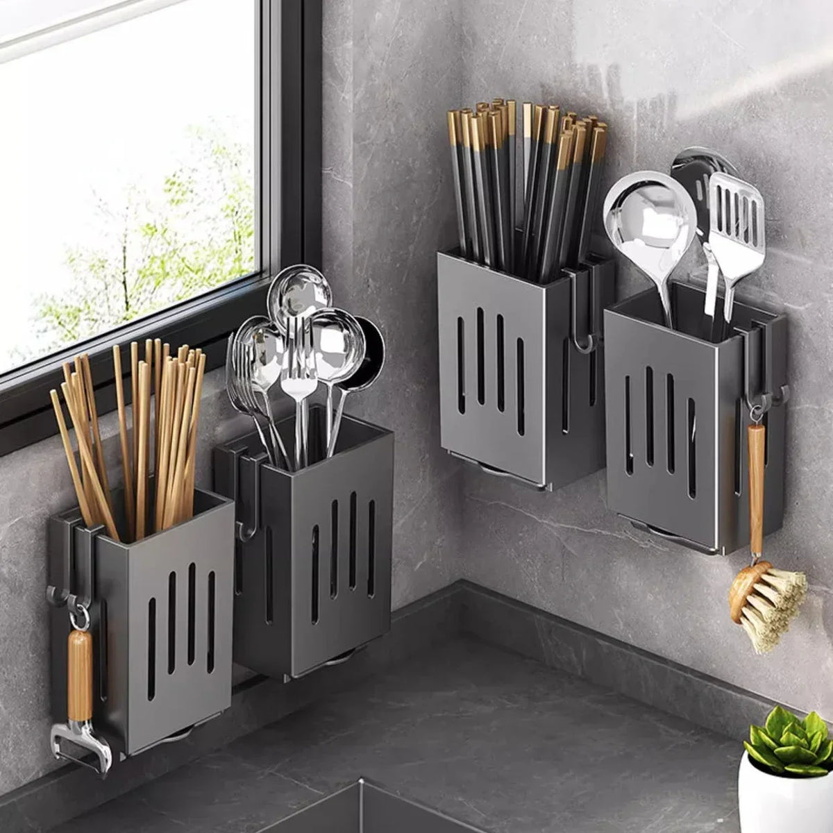 1pc Kitchen Chopsticks Holder Multifunctional Hanging Utensil Drying Rack Hooks No Drilling Wall Mounted Spoon Fork Holders