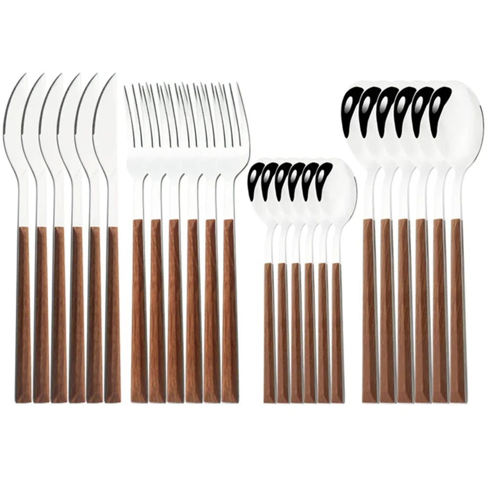 16/24/30Pcs Stainless Steel Imitation Wooden Handle Cutlery Set Dinnerware Clamp Western Tableware Knife Fork Tea Spoon