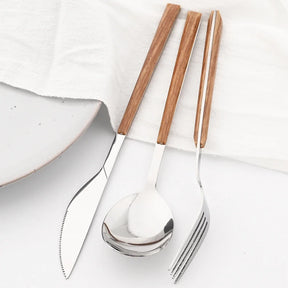 16/24/30Pcs Stainless Steel Imitation Wooden Handle Cutlery Set Dinnerware Clamp Western Tableware Knife Fork Tea Spoon