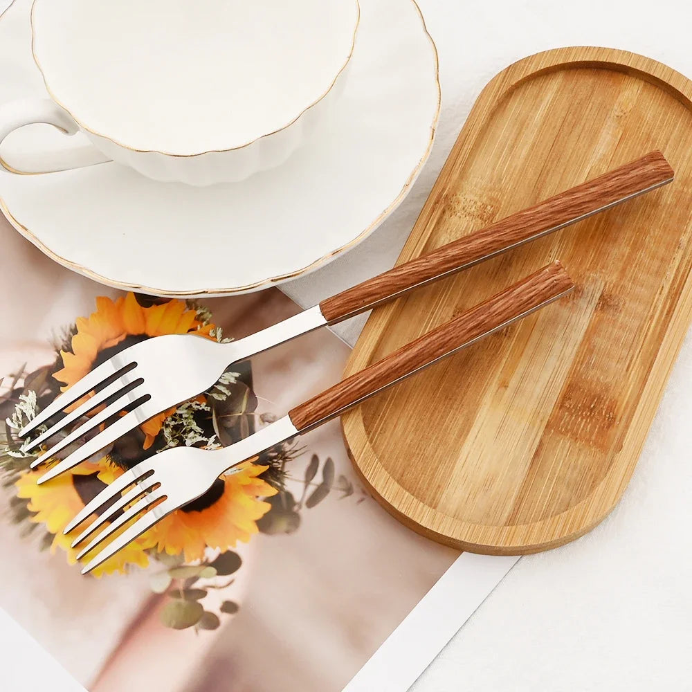 16/24/30Pcs Stainless Steel Imitation Wooden Handle Cutlery Set Dinnerware Clamp Western Tableware Knife Fork Tea Spoon