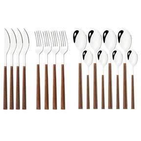 16/24/30Pcs Stainless Steel Imitation Wooden Handle Cutlery Set Dinnerware Clamp Western Tableware Knife Fork Tea Spoon